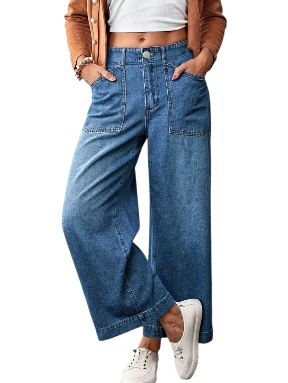 Trïbe Cropped Nautical Wide Leg Jeans with Front Patch Pockets Size 12 NWT